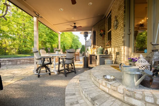 an outdoor space with seating