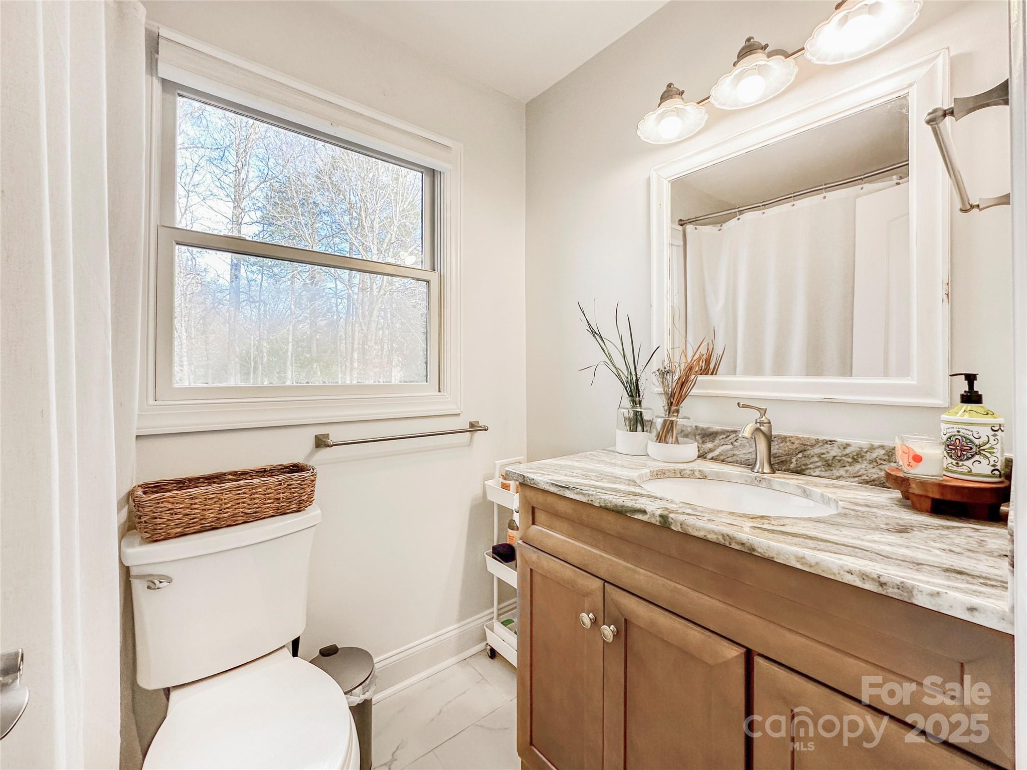 9501 Bartlett Road Mint Hill, NC 28227 - Photo 40 of 48 a bathroom with a granite countertop sink mirror and a toilet