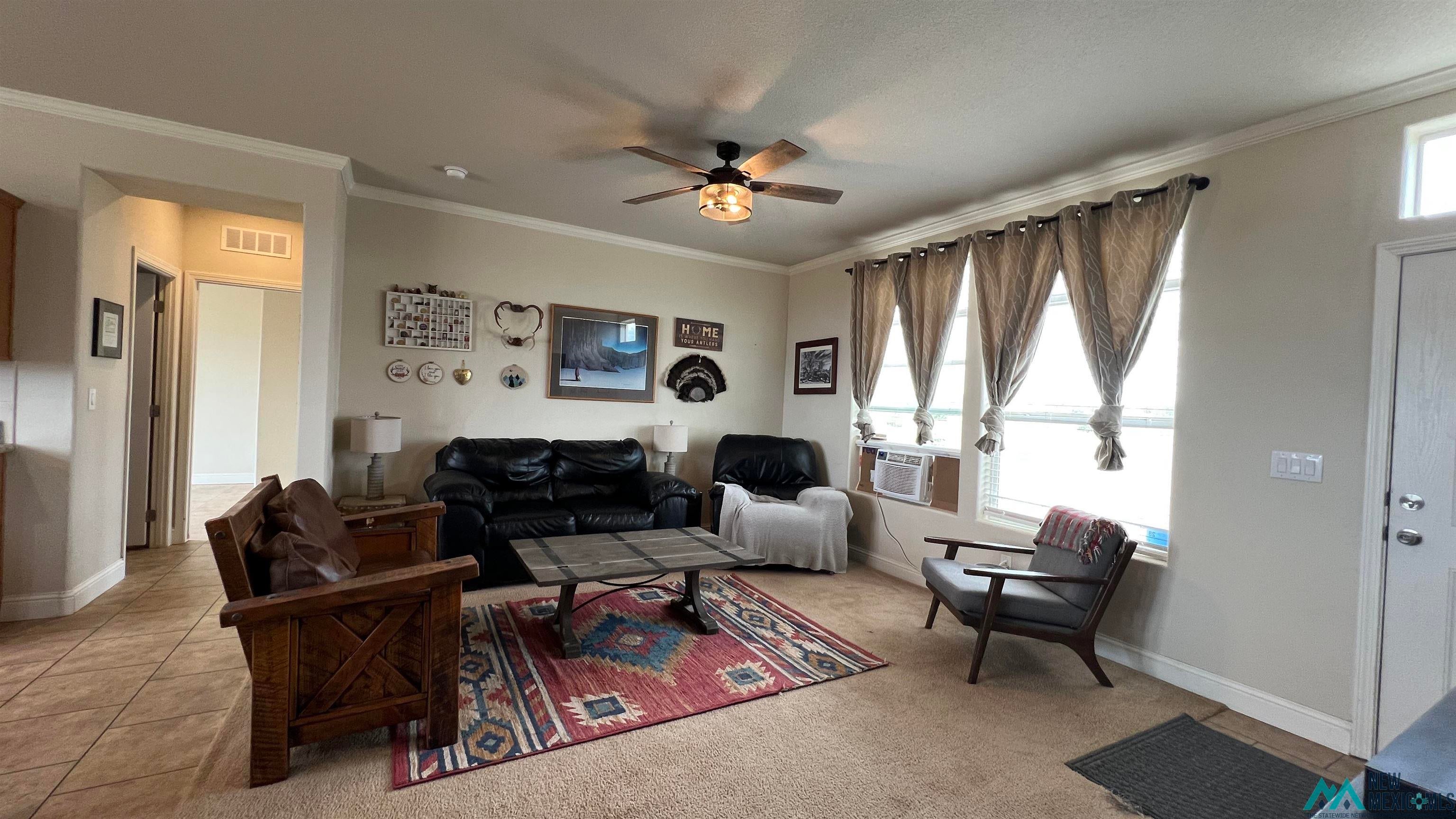 56 Kachina Road Quemado, NM 87829 - Photo 4 of 36 Living room featuring ornamental molding, light colored carpet, and ceiling fan