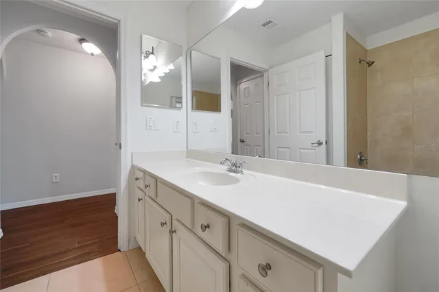a bathroom with a sink and a mirror