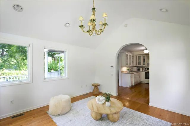 a dining room with wooden floor