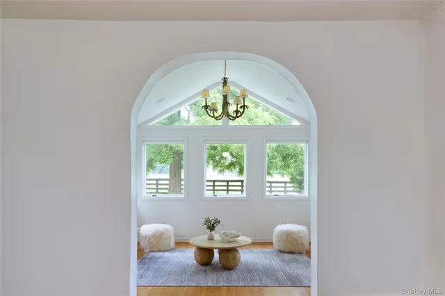 a view of a dining room with a window