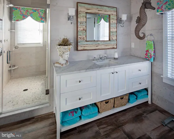 a bathroom with a sink a mirror and a shower