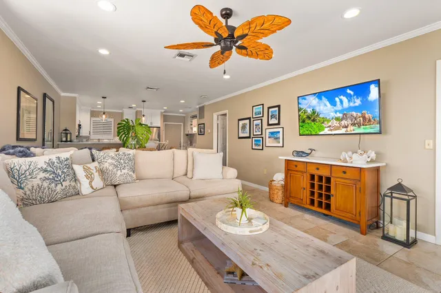 a living room with furniture a ceiling fan and a rug