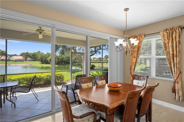 a view of a dining room with furniture window and outside view