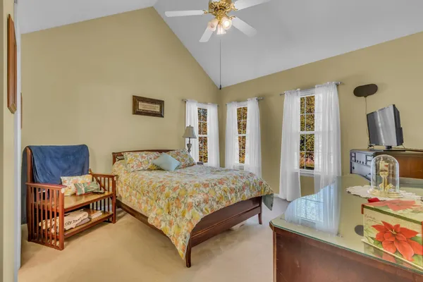 a bedroom with a bed and a chandelier