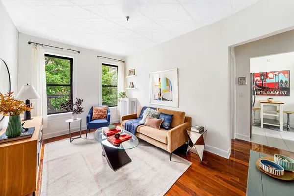 a living room with furniture and a potted plant