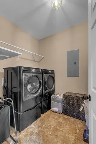 a bedroom with a car and a washing machine