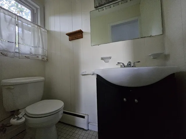 a bathroom with a sink a toilet and mirror