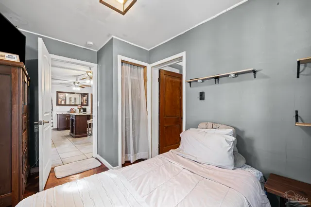 an aerial view of a house with a garden