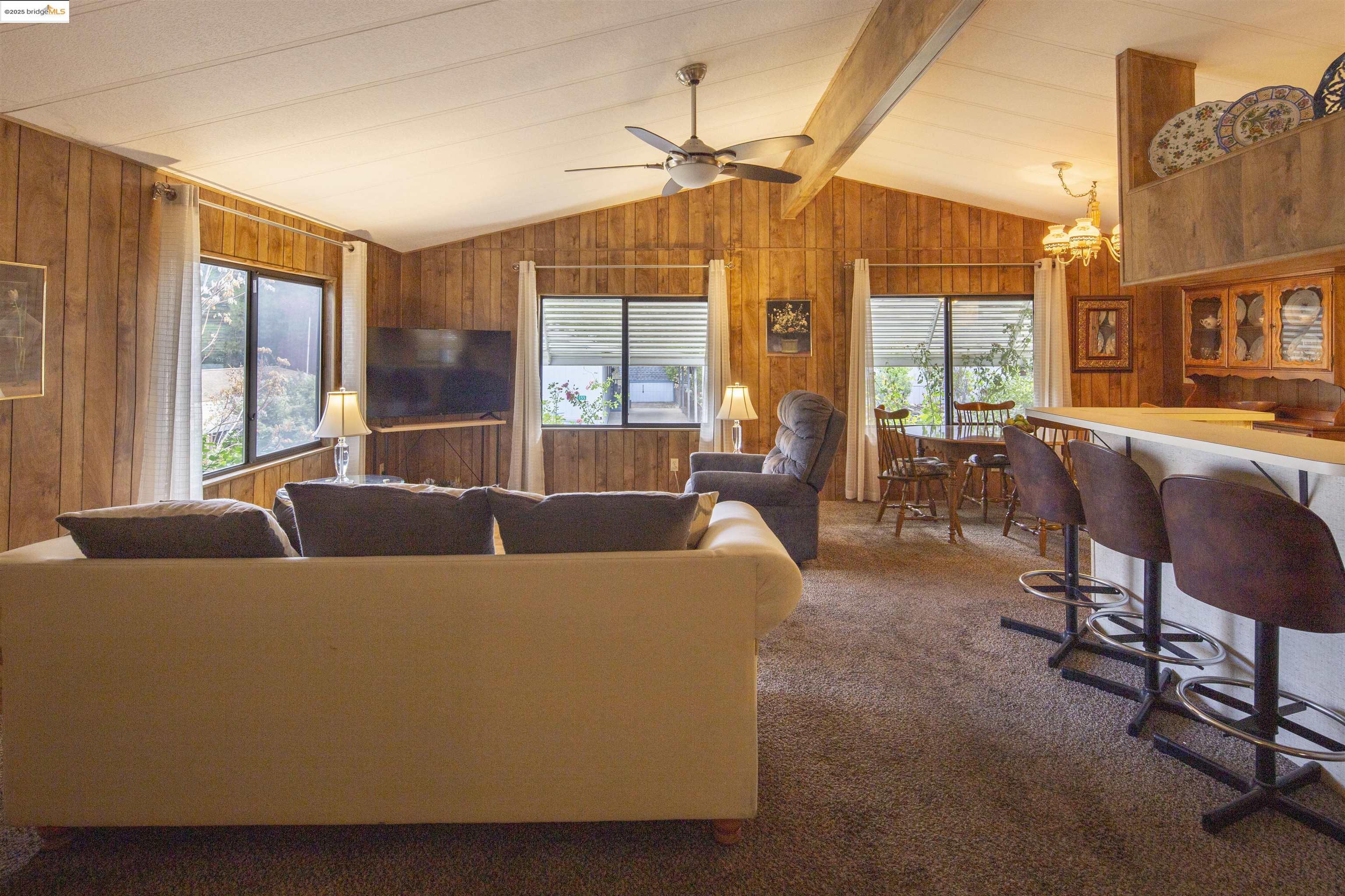 18717 Mill Villa Road, Unit 156 Jamestown, CA 95327 - Photo 10 of 40 Carpeted living area with wood walls, a ceiling fan, and a chandelier