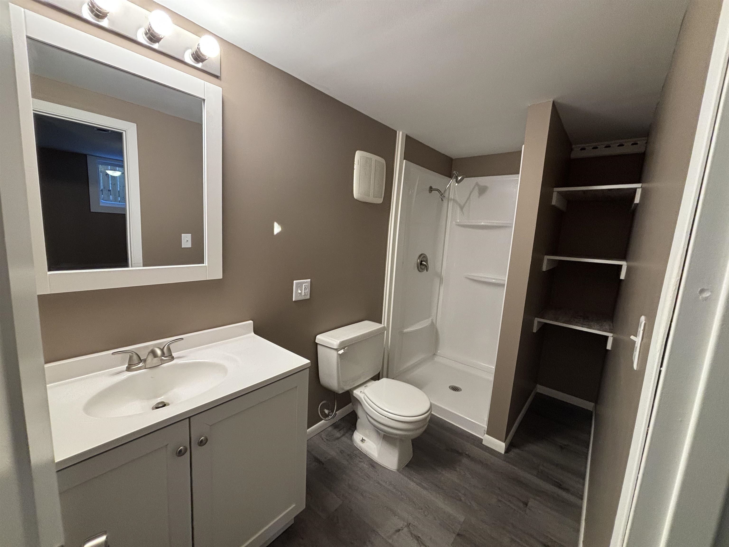 4919 Oakley Street Duluth, MN 55804 - Photo 20 of 20 Bathroom with a shower stall, vanity, and dark wood-style floors