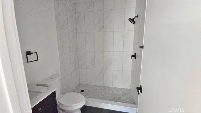 a bathroom with a shower and a toilet