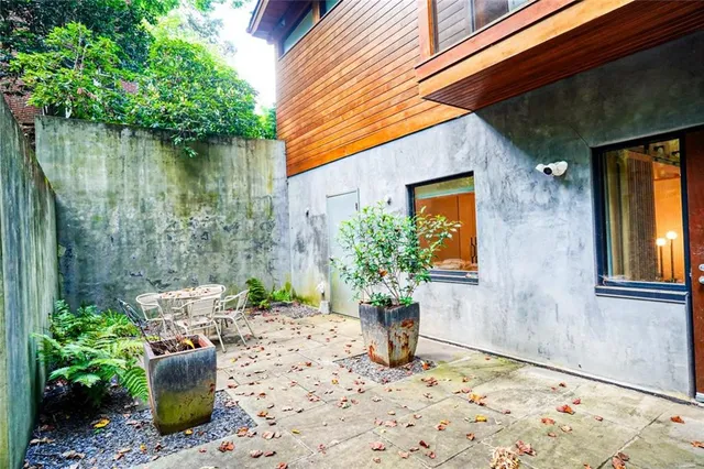 a view of a backyard with chair and potted plants