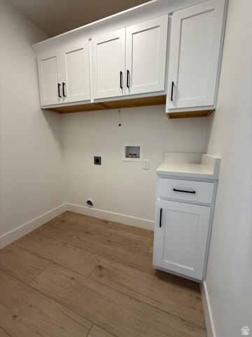 1142 West 220 North Mapleton, UT 84664 - Photo 18 of 26 Laundry area with washer hookup, light wood-style flooring, cabinet space, and hookup for an electric dryer