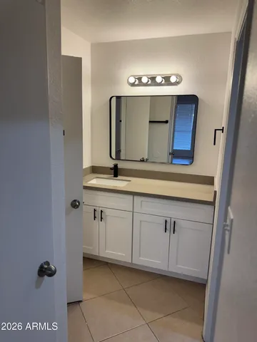 a bathroom with a sink and a mirror