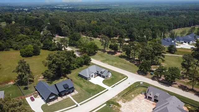 an aerial view of a house with a garden