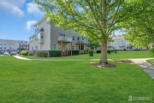 a view of a white house in a big yard with palm trees