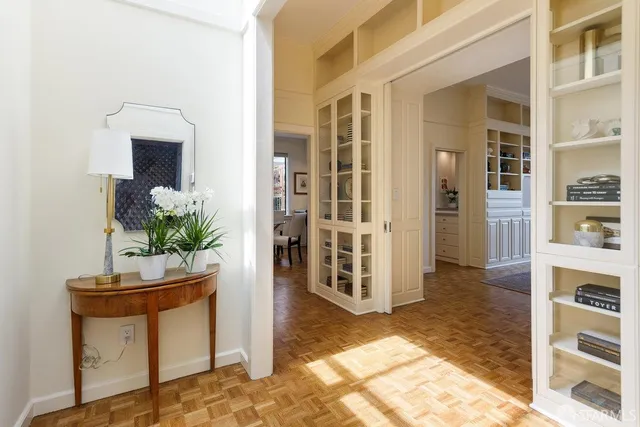 a view of a dining room with furniture