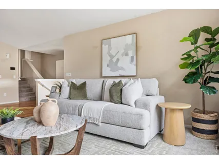 a living room with furniture flowerpot and wooden floor