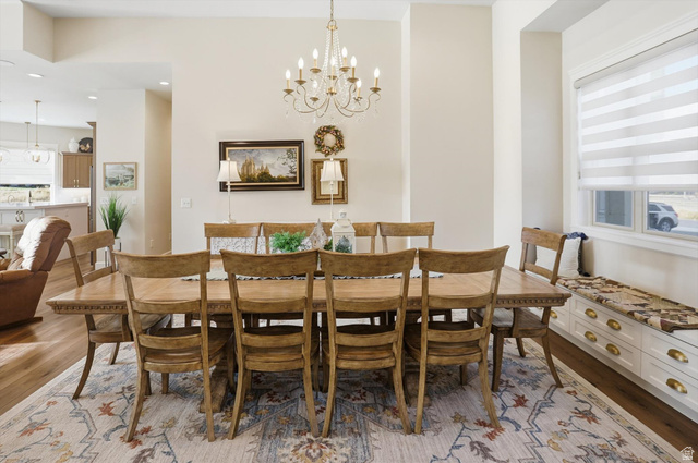 534 East Fish Hatchery Road Mantua, UT 84324 - Photo 15 of 87 Dining space featuring hanging lights and light wood-style floors