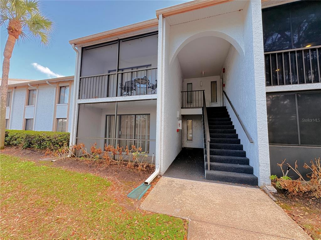 a view of a house with more windows and a small yard