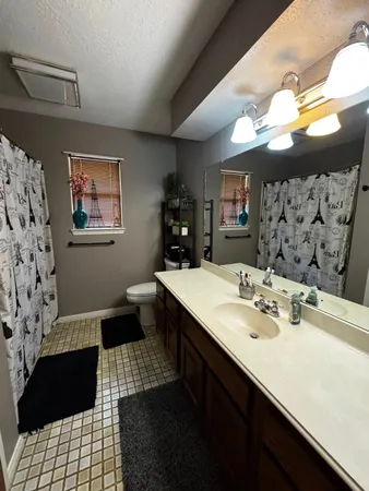 a bathroom with a sink a toilet and a mirror