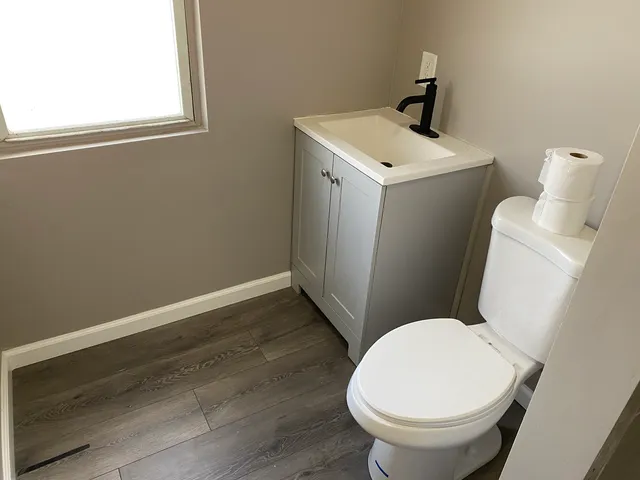 a white toilet sitting next to a bathroom sink