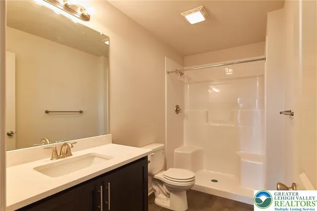 a bathroom with a sink a toilet a large mirror and shower