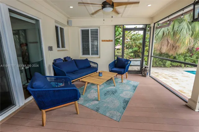 a view of a swimming pool with a garden