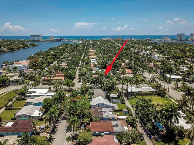 an aerial view of a house with a yard and large trees