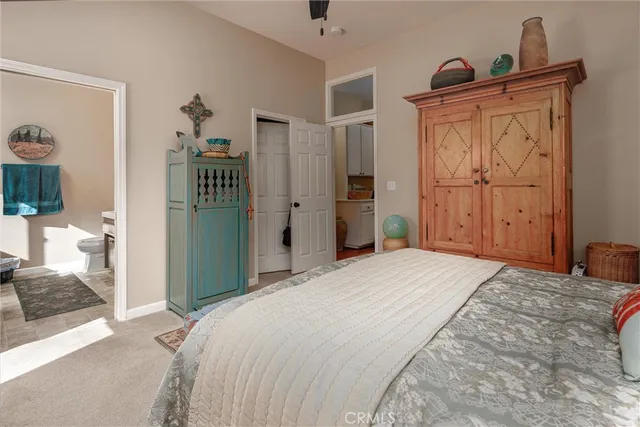 a bedroom with a bed and a closet