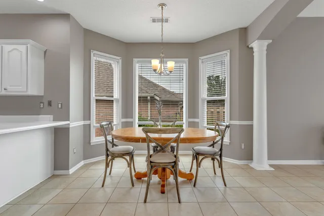 a view of a dining room with furniture window and outside view
