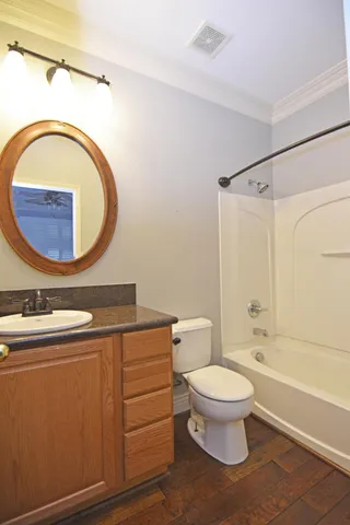 a bathroom with a sink a mirror a toilet and a bathtub