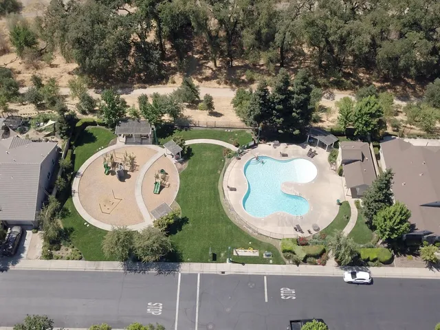 an aerial view of a garden