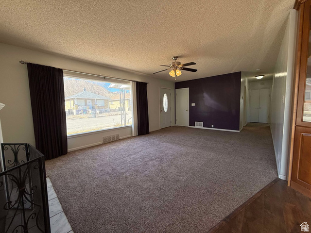 73 Garden Street Helper, UT 84526 - Photo 18 of 36 Unfurnished living room with a ceiling fan, carpet, and a textured ceiling
