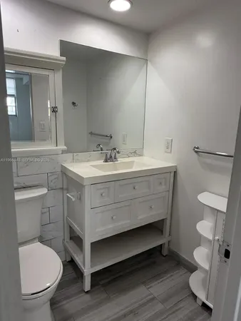 a bathroom with a sink toilet and mirror