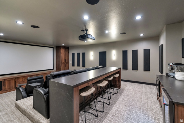 2145 North Main Street Centerville, UT 84014 - Photo 51 of 53 Home theater with recessed lighting, light colored carpet, and wine cooler