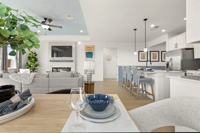 a living room with furniture and a potted plant