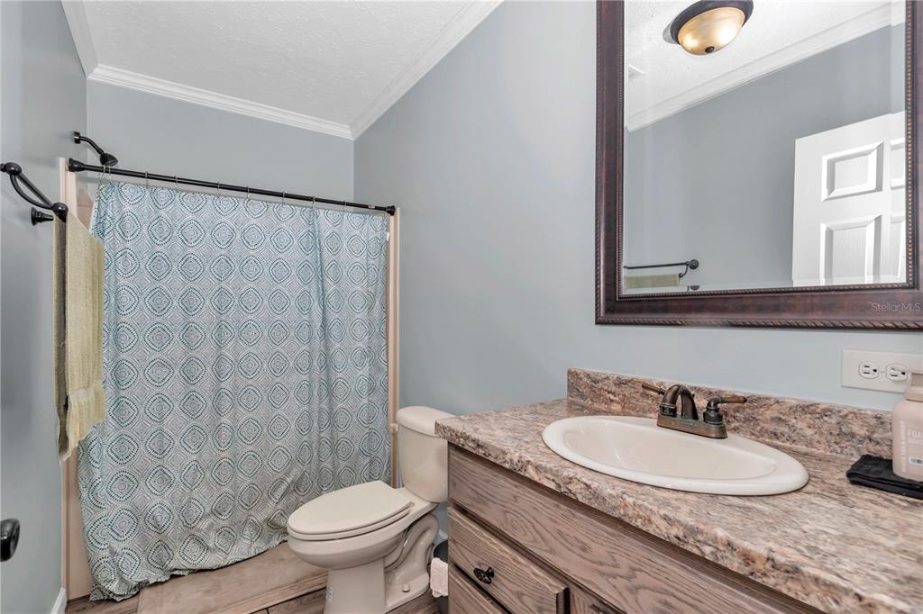 7565 Dewey Robbins Road Howey-in-the-Hills, FL 34737 - Photo 23 of 42 a bathroom with a granite countertop sink a toilet and a mirror