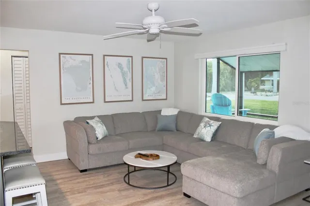 a view of a lake with sitting area