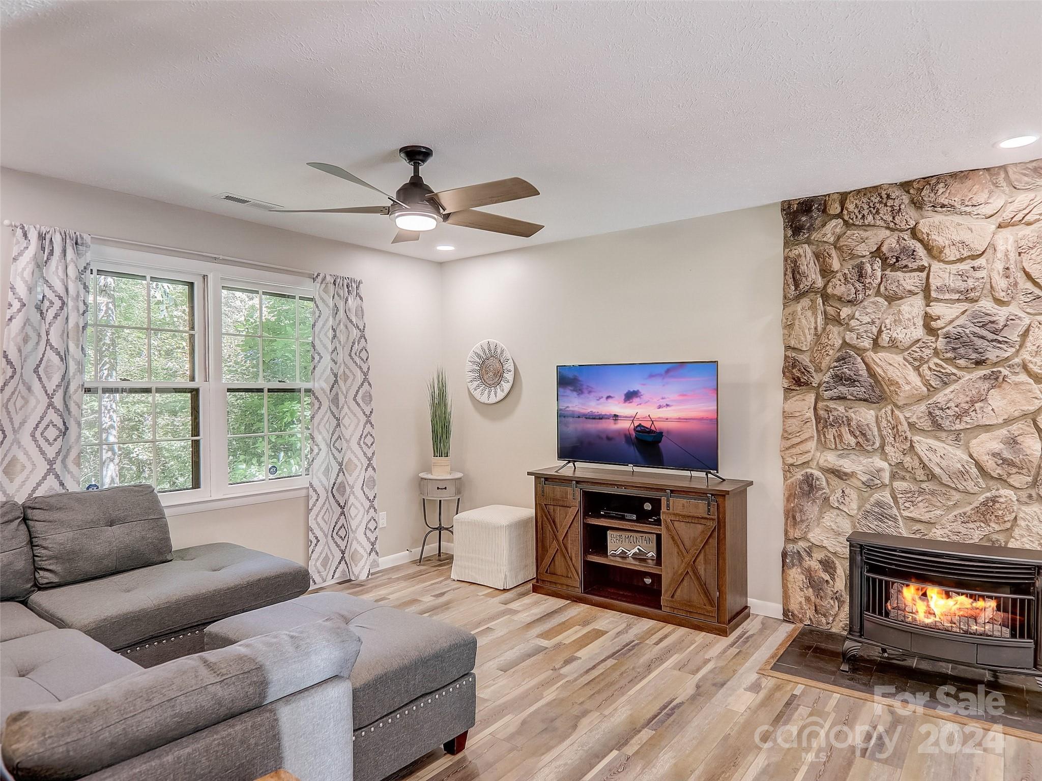 1191 Dupont Road Hendersonville, NC 28739 - Photo 12 of 48 a living room with furniture a fireplace and a flat screen tv