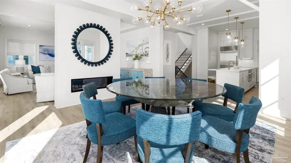 a view of a dining room with furniture window and wooden floor