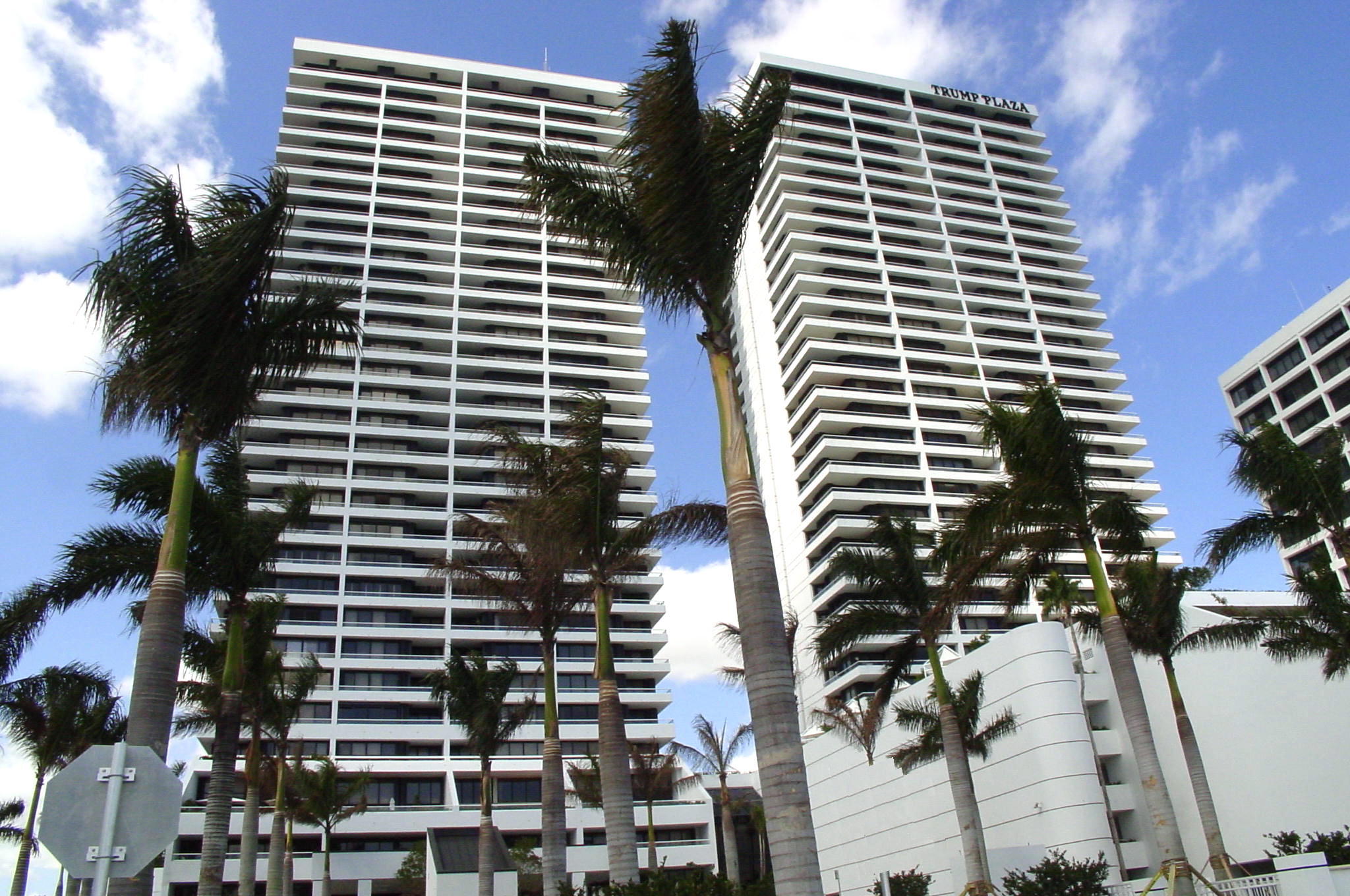 a front view of a building with palm tree