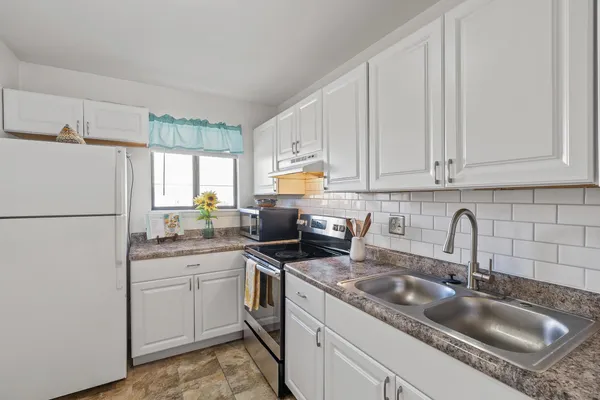 a kitchen with a stove a cabinets and potted plant