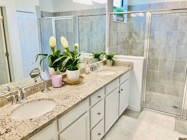 a bathroom with a granite countertop sink a mirror and a shower