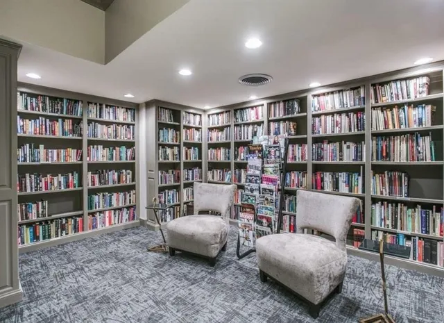 a living room with furniture and a book shelf