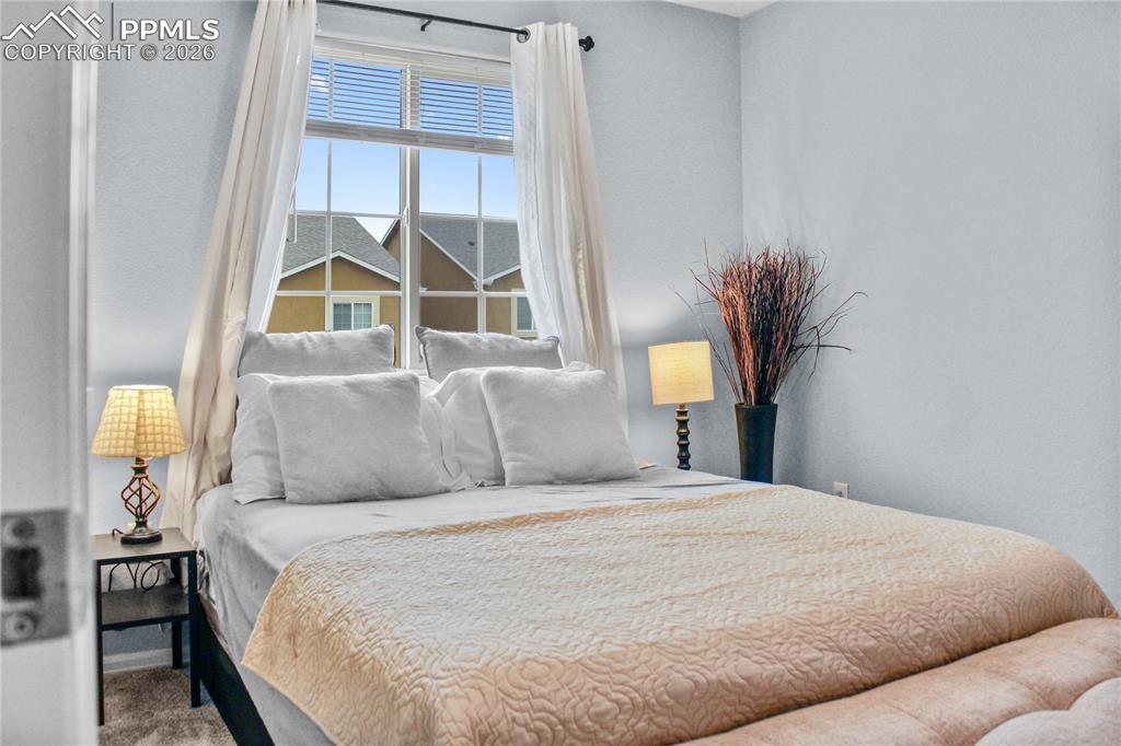 7649 Grand Fir Point Colorado Springs, CO 80908 - Photo 15 of 19 a bedroom with a large bed and a potted plant