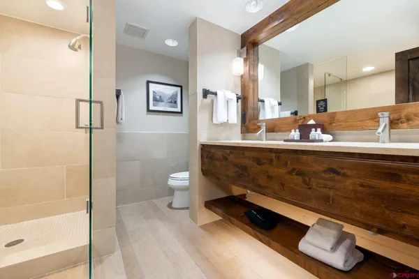 a bathroom with a sink a toilet and shower