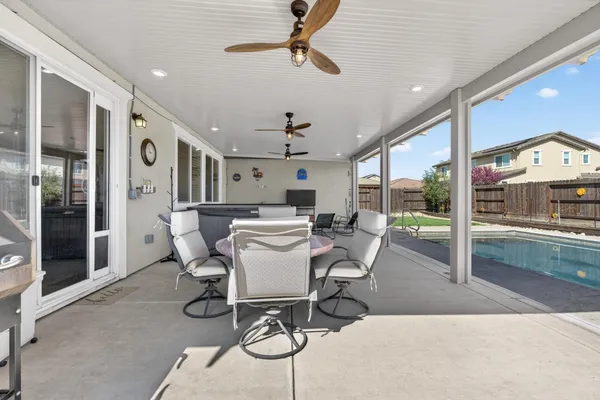 a view of a dining room with furniture